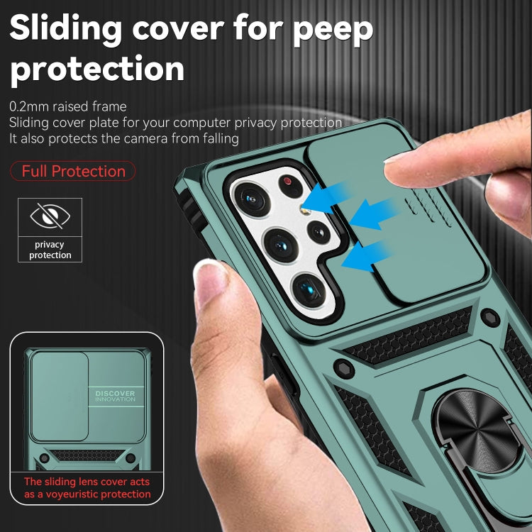For Samsung Galaxy S22 Ultra 5G Sliding Camshield Holder Phone Case(Dark Green)