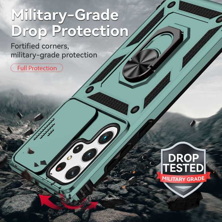 For Samsung Galaxy S22 Ultra 5G Sliding Camshield Holder Phone Case(Dark Green)