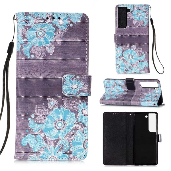 For Samsung Galaxy S22+ 5G 3D Painting Flip Leather Case with Holder(Blue Flower)