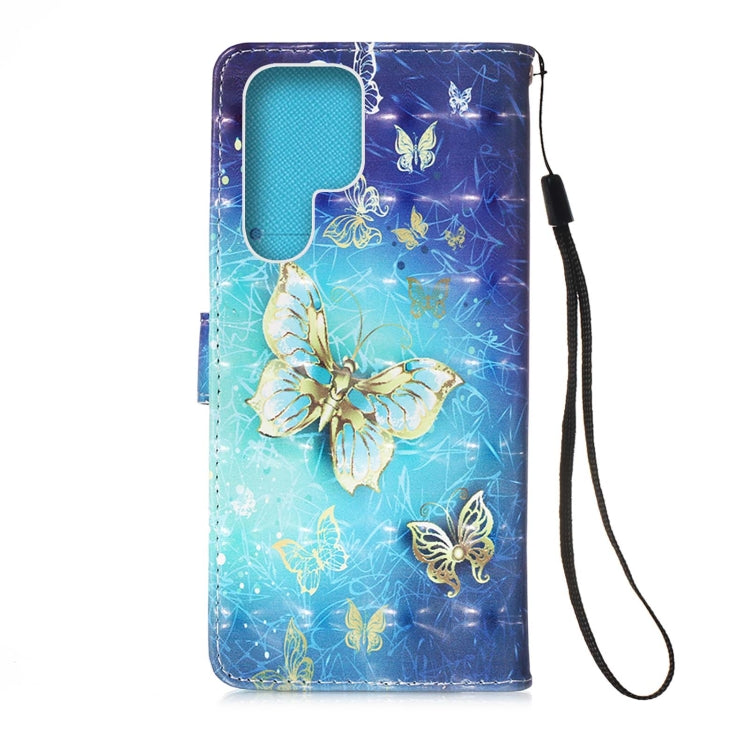 For Samsung Galaxy S22 Ultra 5G 3D Painting Flip Leather Case with Holder(Gold Butterfy)