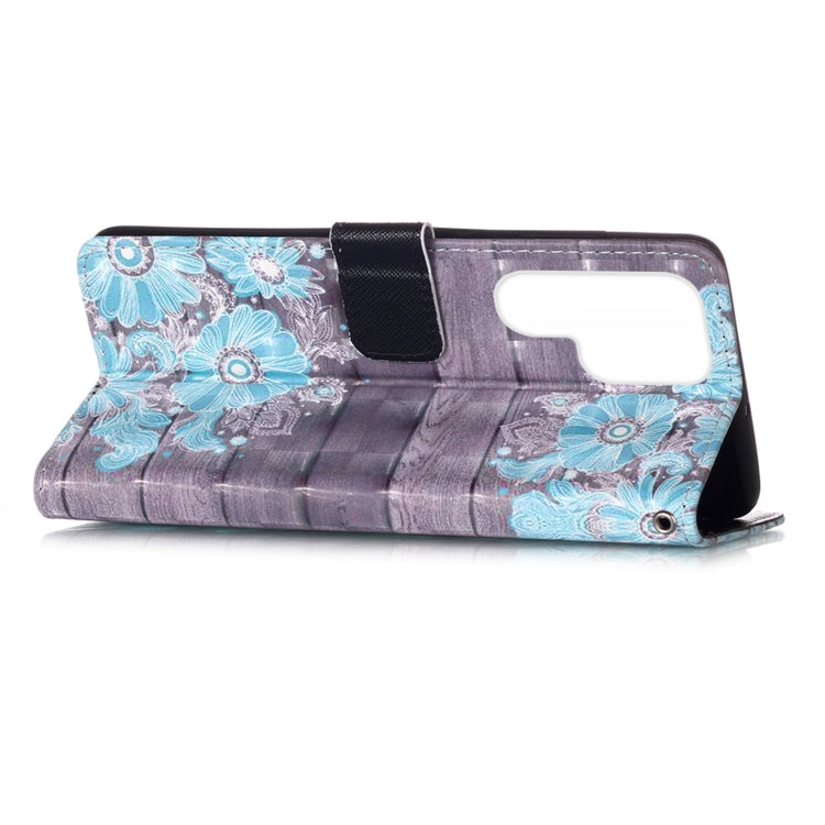 For Samsung Galaxy S22 Ultra 5G 3D Painting Flip Leather Case with Holder(Blue Flower)