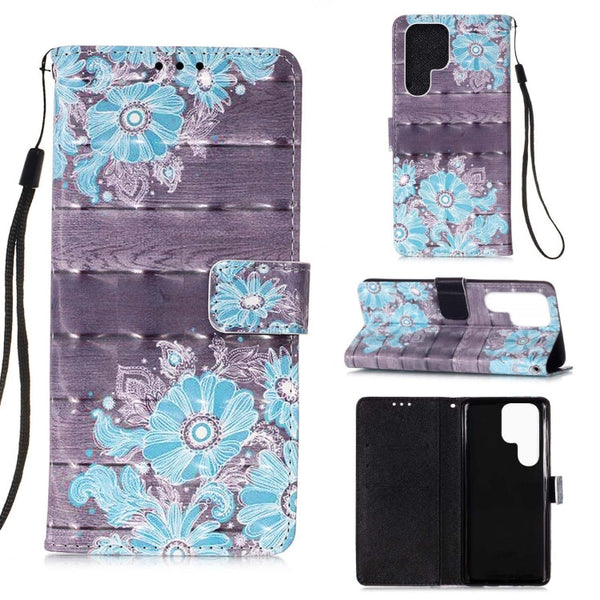 For Samsung Galaxy S22 Ultra 5G 3D Painting Flip Leather Case with Holder(Blue Flower)