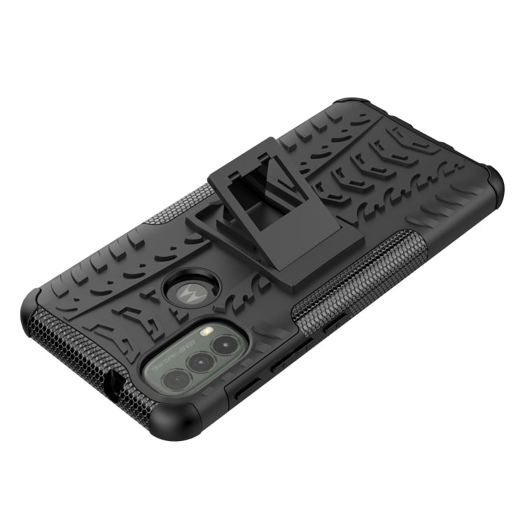For Motorola Moto E40 Tire Texture TPU + PC Phone Case with Holder(Black)
