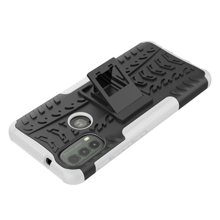 For Motorola Moto E40 Tire Texture TPU + PC Phone Case with Holder(White)