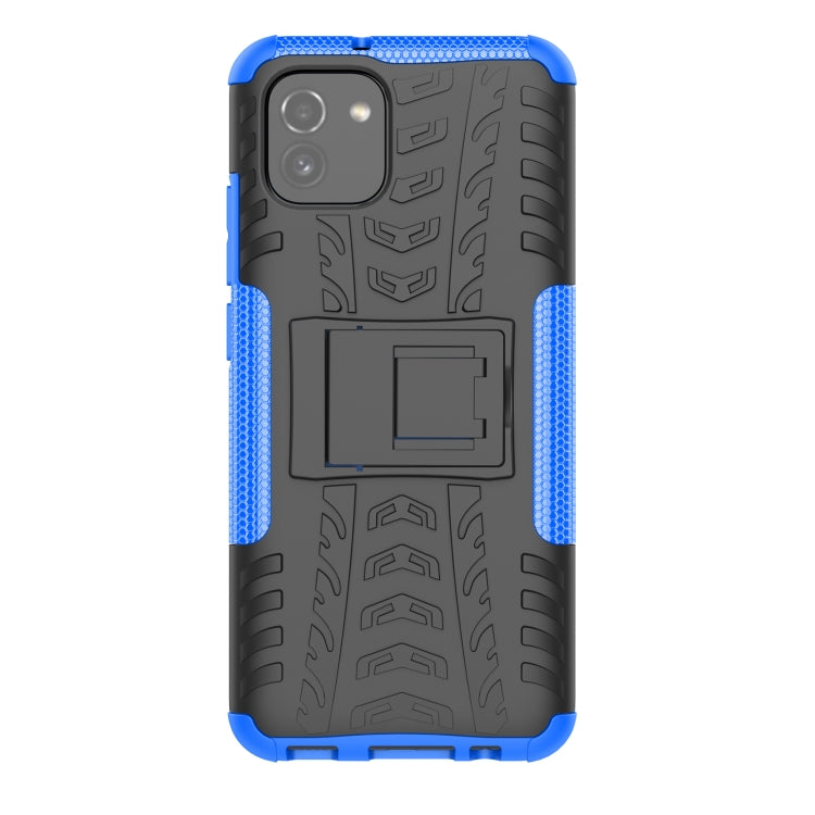 For Samsung Galaxy A03 Global Tire Texture TPU + PC Phone Case with Holder(Blue)