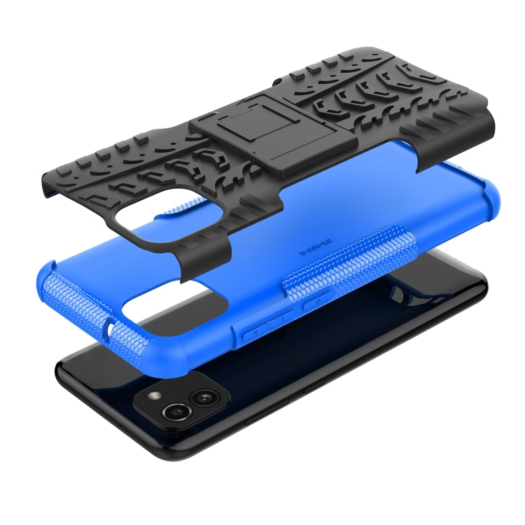 For Samsung Galaxy A03 Global Tire Texture TPU + PC Phone Case with Holder(Blue)