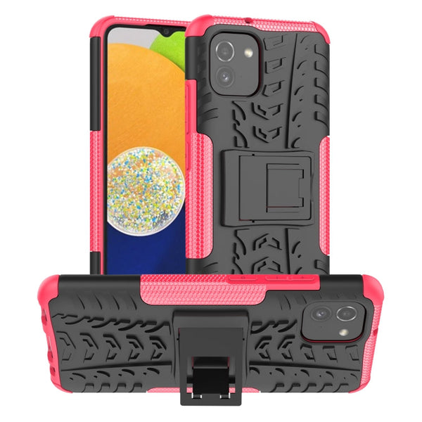 For Samsung Galaxy A03 Global Tire Texture TPU + PC Phone Case with Holder(Pink)