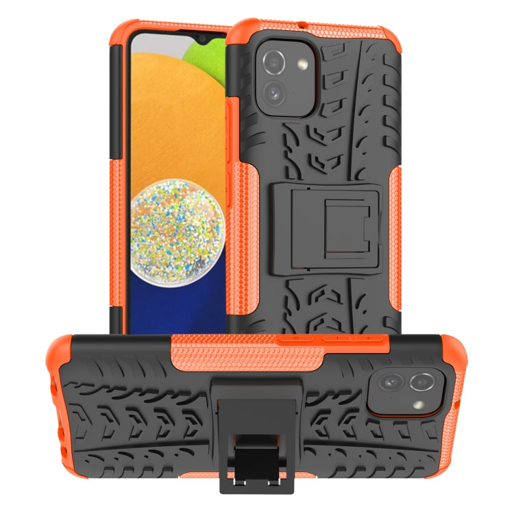 For Samsung Galaxy A03 Global Tire Texture TPU + PC Phone Case with Holder(Orange)