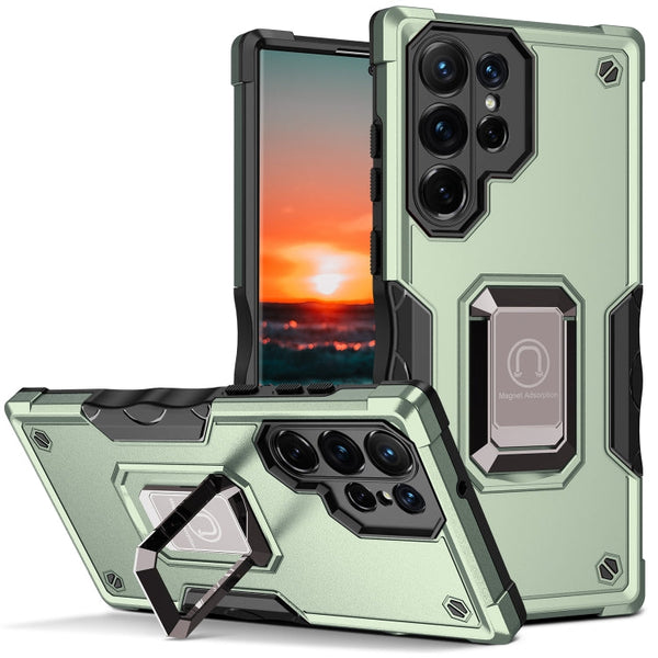For Samsung Galaxy S22 Ultra 5G Ring Holder Non-slip Armor Phone Case(Green)