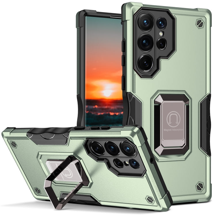 For Samsung Galaxy S22 Ultra 5G Ring Holder Non-slip Armor Phone Case(Green)