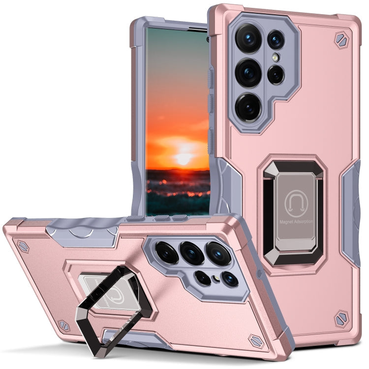 For Samsung Galaxy S22 Ultra 5G Ring Holder Non-slip Armor Phone Case(Rose Gold)