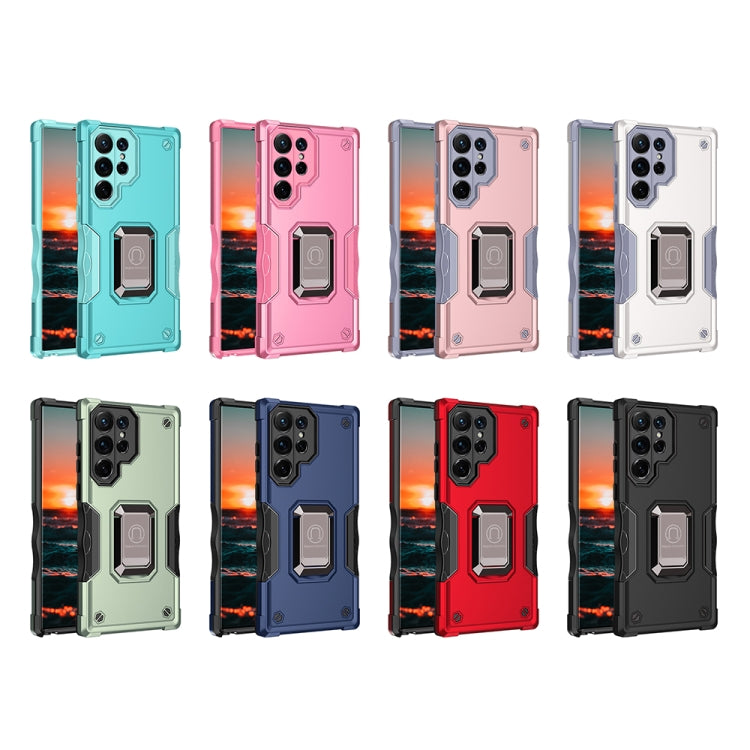 For Samsung Galaxy S22 Ultra 5G Ring Holder Non-slip Armor Phone Case(Pink)