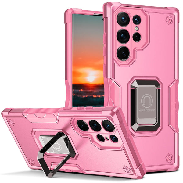 For Samsung Galaxy S22 Ultra 5G Ring Holder Non-slip Armor Phone Case(Pink)