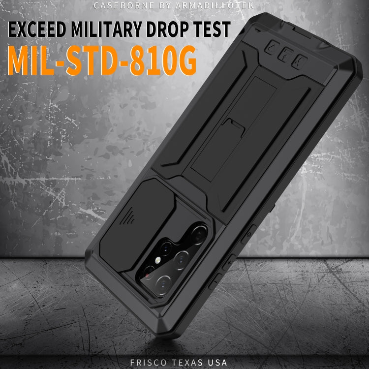 For Samsung Galaxy S22 Ultra 5G R-JUST Sliding Camera Metal + Silicone Holder Phone Case(Black)