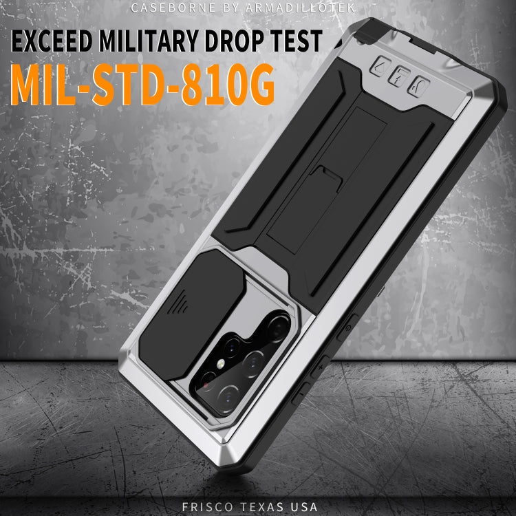 For Samsung Galaxy S22 Ultra 5G R-JUST Sliding Camera Metal + Silicone Holder Phone Case(Silver)