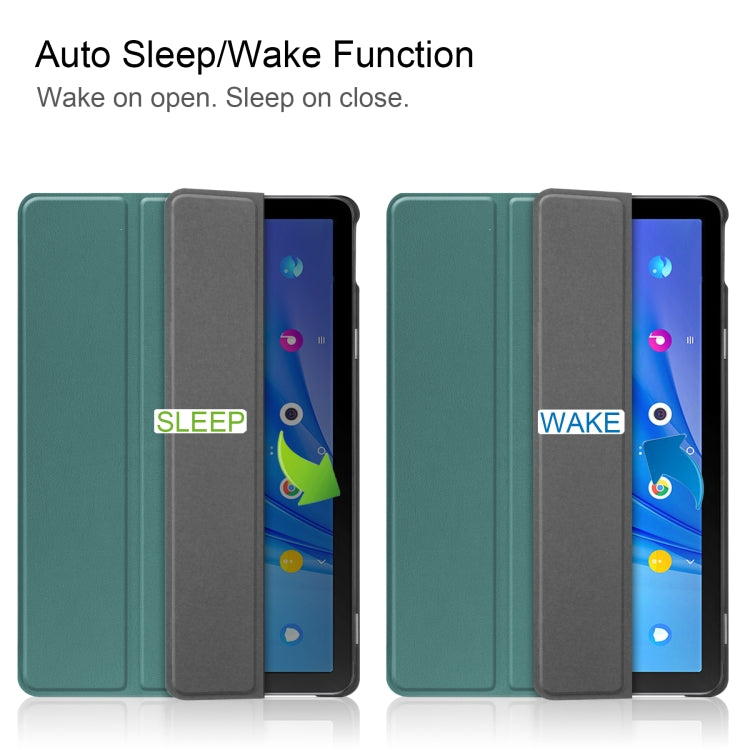 For TCL Tab 10s Three-folding Holder Custer Texture Leather Tablet Case(Dark Green)