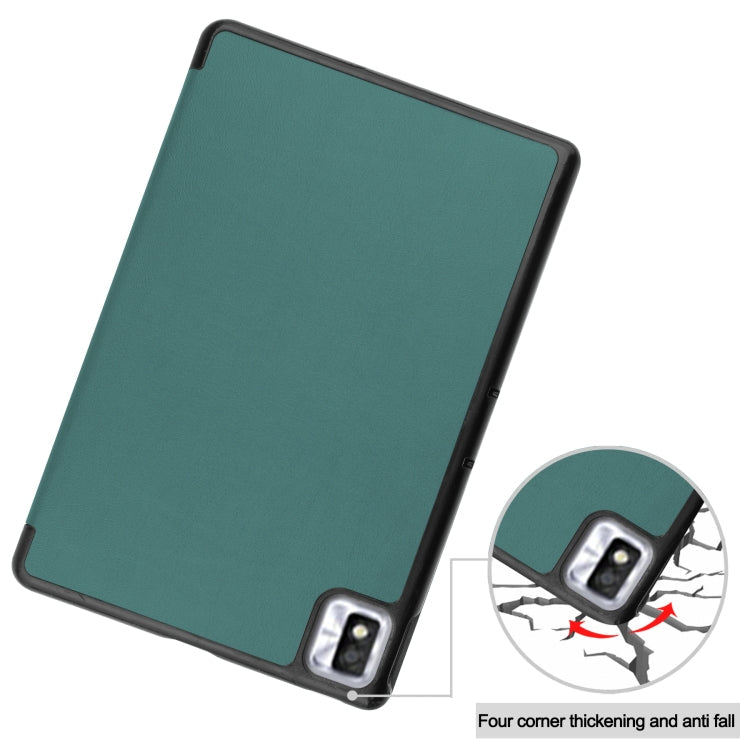 For TCL Tab 10s Three-folding Holder Custer Texture Leather Tablet Case(Dark Green)
