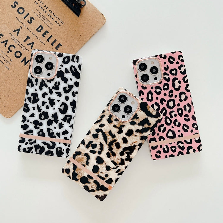 Square Plating Gold Edge Phone Case For iPhone 13(Pink Backgroud Leopard)