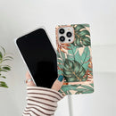 Square Plating Gold Edge Phone Case For iPhone 13(Green Leaf)