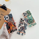 Square Plating Gold Edge Phone Case For iPhone 13 Pro Max(Blue Leaf)