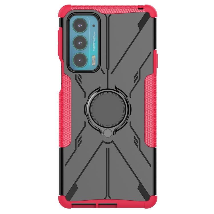 For Motorola Moto Edge 20 Armor Bear Shockproof PC + TPU Protective Phone Case with Ring Holder(Rose Red)
