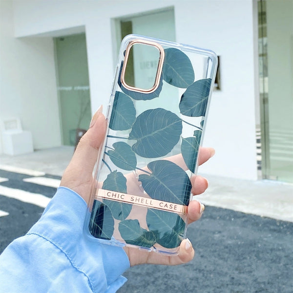 For Samsung Galaxy S21 FE 5G Translucent Plating Flower Phone Case(Banana Leaf)
