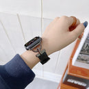 D-shaped Steel + Genuine Leather Watch Band For Apple Watch Series 8&7 41mm / SE 2&6&SE&5&4 40mm / 3&2&1 38mm(Gold + Black)