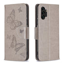 For Samsung Galaxy A13 4G Two Butterflies Embossing Leather Phone Case(Grey)