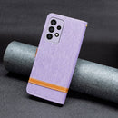 For Samsung Galaxy A73 5G Color Matching Denim Texture Leather Phone Case(Purple)
