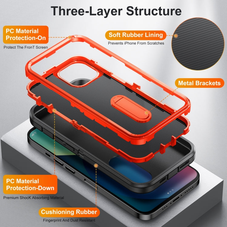 3 in 1 Rugged Holder Phone Case For iPhone 13(Black + Orange)