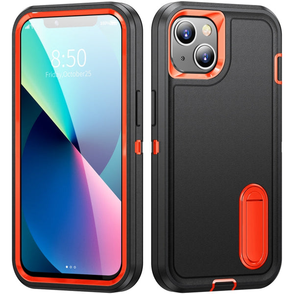 3 in 1 Rugged Holder Phone Case For iPhone 13(Black + Orange)