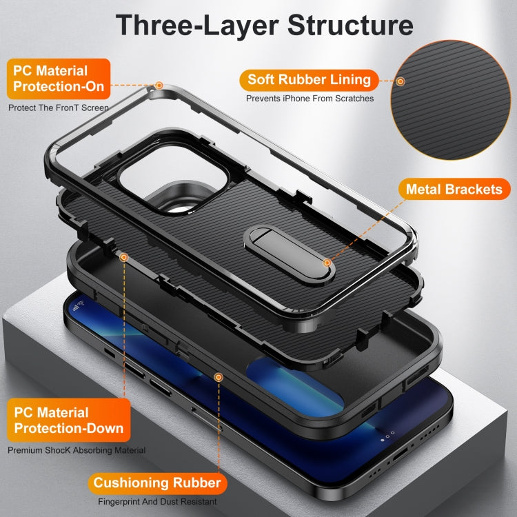 3 in 1 Rugged Holder Phone Case For iPhone 13 Pro Max(Black + Black)