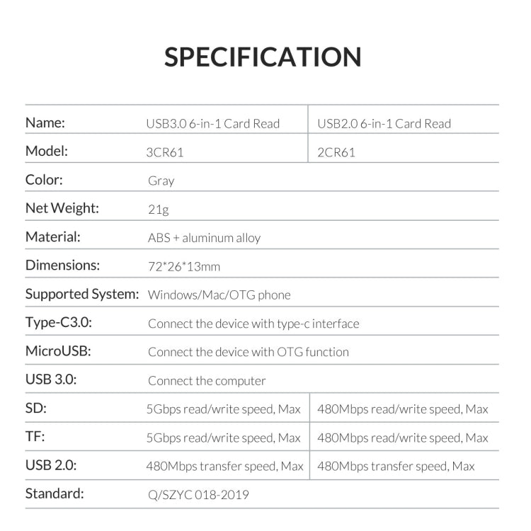 ORICO 2CR61-GY-BP USB2.0 6 in 1 Card Reader(Grey)