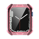 Rhombus Belt Drill + Tempered Film Integrated Case For Apple Watch Series 7 45mm(Pink)