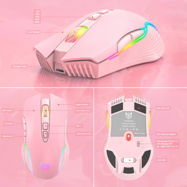 ONIKUMA CW905 2.4G RGB Lighting Wireless Mouse(Pink)