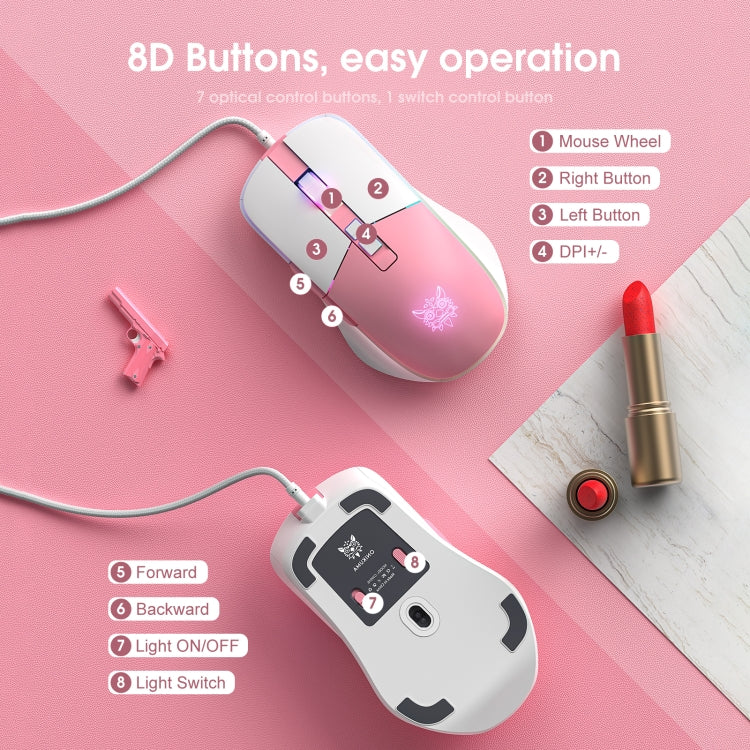 ONIKUMA CW916 RGB Lighting Wired Mouse(White Pink)