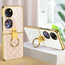 For Huawei P50 Pocket GKK Plaid Pattern Electroplating Glass Phone Case with Ring(White)