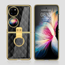 For Huawei P50 Pocket GKK Plaid Pattern Electroplating Glass Phone Case with Ring(White)