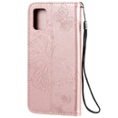For Galaxy A51 Pressed Printing Butterfly Pattern Horizontal Flip PU Leather Case with Holder & Card Slots & Wallet & Lanyard(Rose Gold)