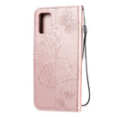 For Galaxy A71 Pressed Printing Butterfly Pattern Horizontal Flip PU Leather Case with Holder & Card Slots & Wallet & Lanyard(Rose Gold)