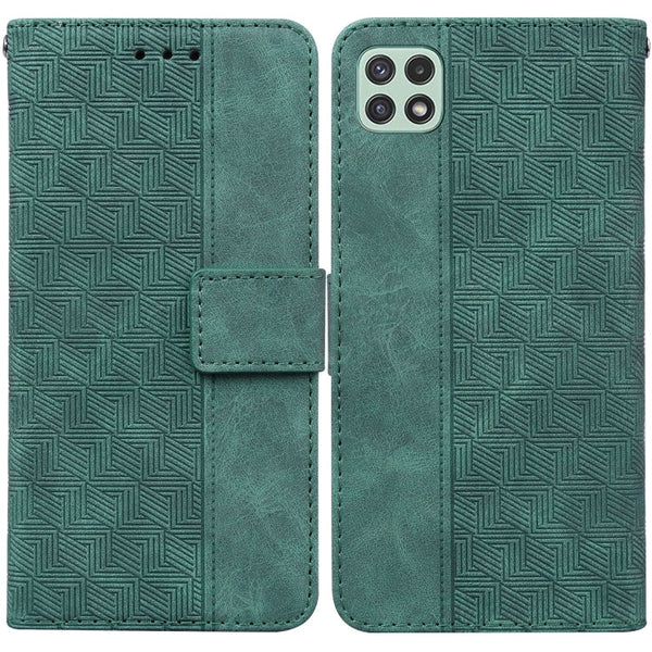 For Samsung Galaxy A22 5G Geometric Embossed Leather Phone Case(Green)