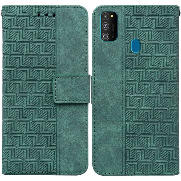 For Samsung Galaxy M30s / M21 Geometric Embossed Leather Phone Case(Green)