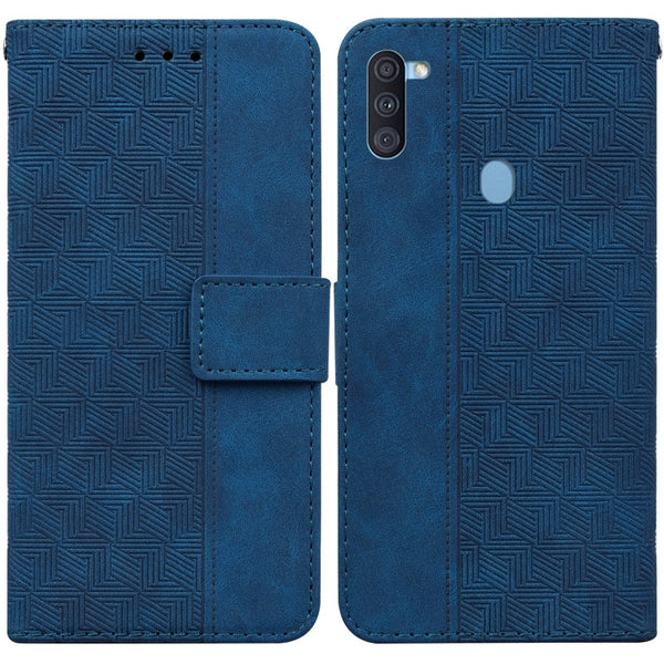 For Samsung Galaxy A11 / M11 EU Version Geometric Embossed Leather Phone Case(Blue)