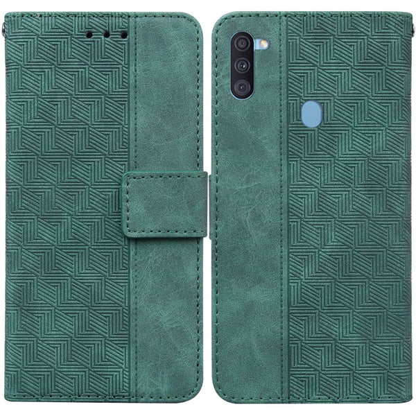 For Samsung Galaxy A11 / M11 EU Version Geometric Embossed Leather Phone Case(Green)