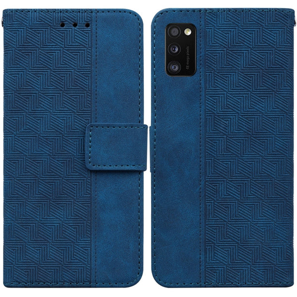 For Samsung Galaxy A41 Geometric Embossed Leather Phone Case(Blue)