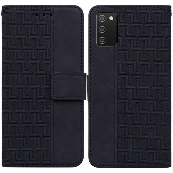 For Samsung Galaxy A02s 164.2mm US Version Geometric Embossed Leather Phone Case(Black)