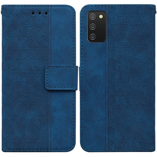 For Samsung Galaxy A03s 166.5mm EU Version Geometric Embossed Leather Phone Case(Blue)