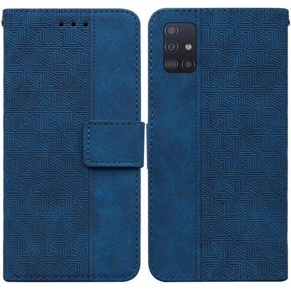 For Samsung Galaxy A71 Geometric Embossed Leather Phone Case(Blue)