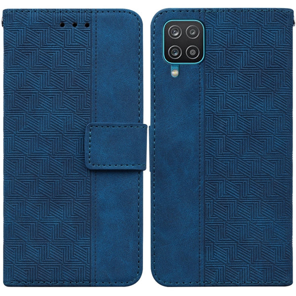 For Samsung Galaxy A12 5G Geometric Embossed Leather Phone Case(Blue)