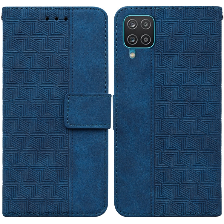 For Samsung Galaxy A12 5G Geometric Embossed Leather Phone Case(Blue)